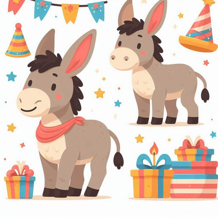 Cute donkeys with gifts. Vector illustration in cartoon style.のイラスト素材