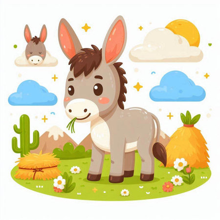 Donkey in the meadow. Cute cartoon vector illustration.のイラスト素材