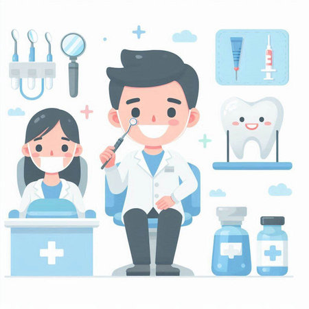 Dentist and his assistant in a dental clinic. Vector illustration.のイラスト素材