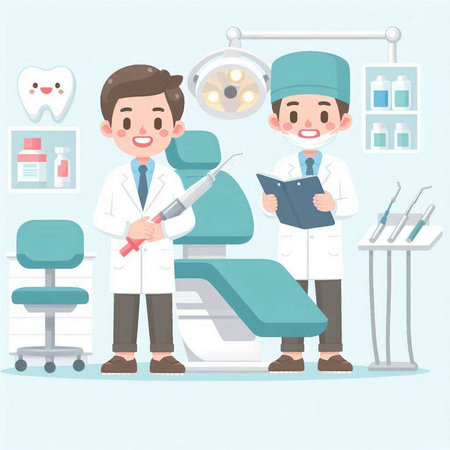 Dentist and patient in dental office. Vector Illustration.のイラスト素材