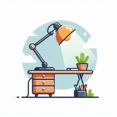 Office desk with lamp and books. Vector illustration in flat style.のイラスト素材