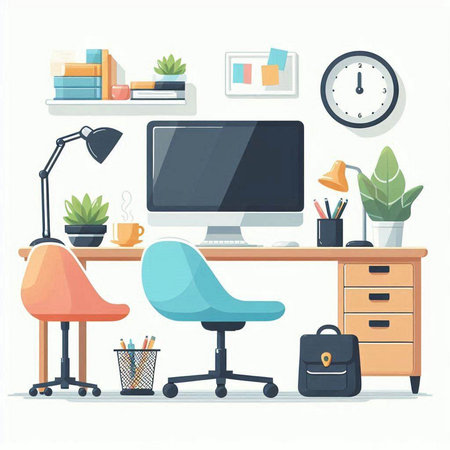 Office workplace. Workplace with computer, table, chair, bookshelf, plant and clock. Vector illustrationのイラスト素材