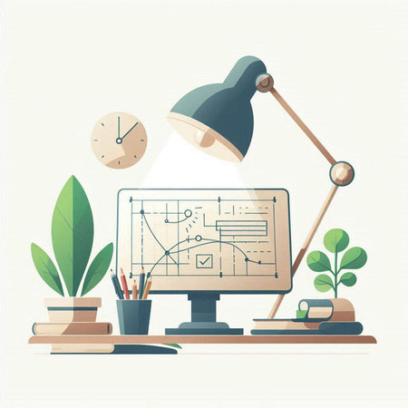Home office desk with computer, lamp, clock and plants. Vector illustrationのイラスト素材