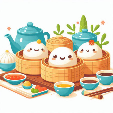 Vector cartoon illustration of Chinese steamed dumplings in bamboo baskets.のイラスト素材