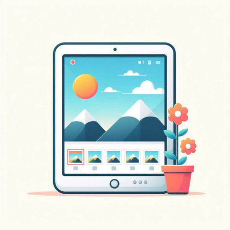 Tablet computer with landscape on screen. Flat design vector illustration.のイラスト素材