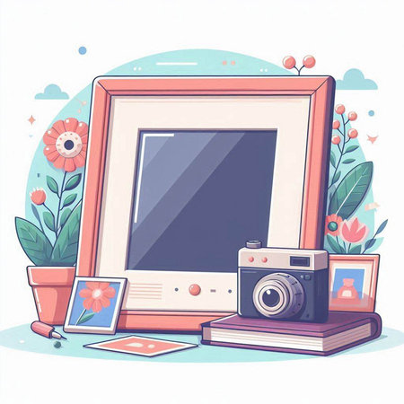 Flat design illustration of photo frame with camera, books and flowersのイラスト素材
