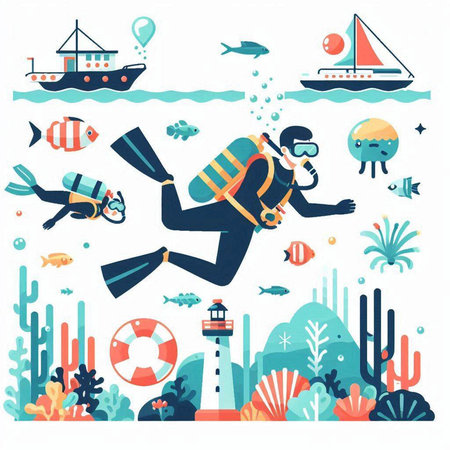 Scuba diving set. Flat design. Vector illustration. Underwater life.のイラスト素材