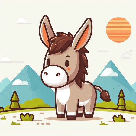 Cartoon funny donkey with mountains in the background. Vector illustration.のイラスト素材