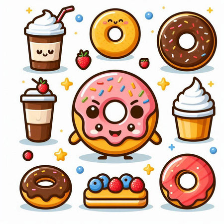 Cartoon donuts set. Cute donuts collection. Vector illustrationのイラスト素材