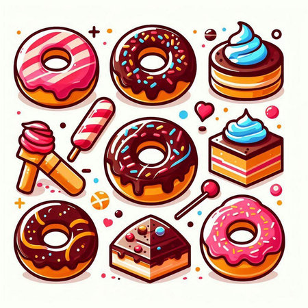 Set of donuts with glaze and sprinkles. Vector illustration.のイラスト素材