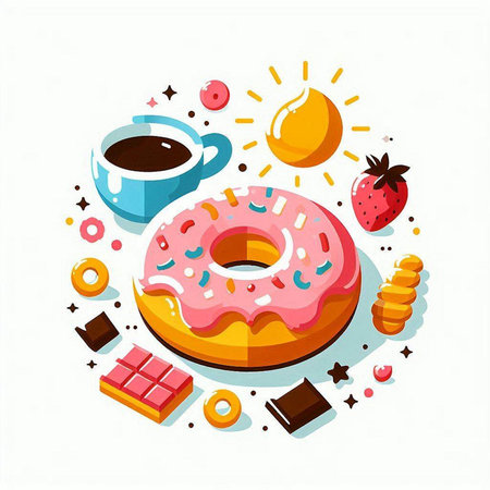 Donut with chocolate, cup of coffee and candies. Vector illustrationのイラスト素材
