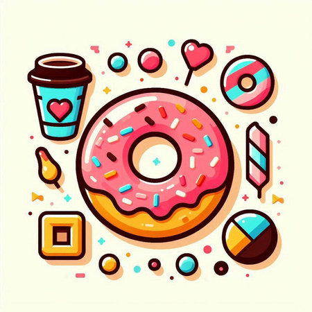 Donut and coffee. Colorful vector illustration in flat cartoon style.のイラスト素材