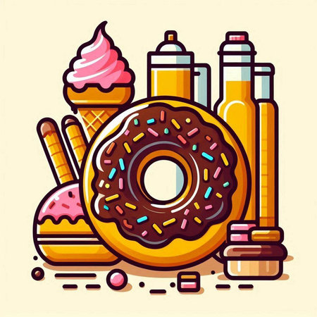 Donut and ice cream vector illustration. Fast food, sweet dessert.のイラスト素材