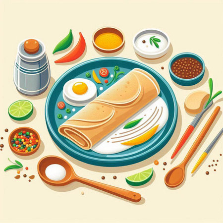Vector illustration of pancakes with vegetables, eggs and spices on a plateのイラスト素材