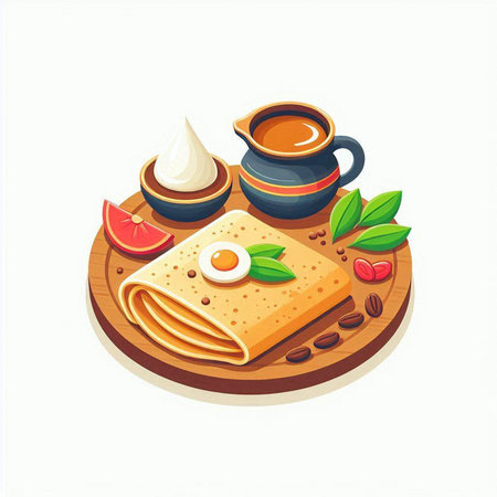 Crepes with sour cream, sour cream and coffee. Vector illustrationのイラスト素材
