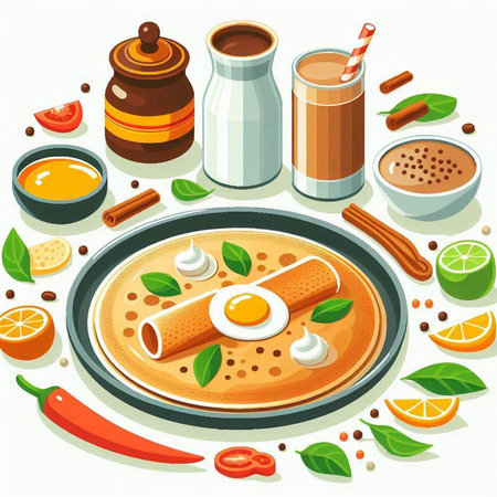 Crepes with eggs and spices. Vector illustration in cartoon styleのイラスト素材