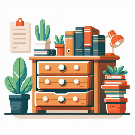 Wooden cabinet with books and plants. Flat style vector illustration.のイラスト素材