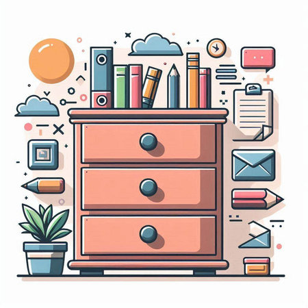 Vector illustration of a cabinet with books, folders and other items.のイラスト素材