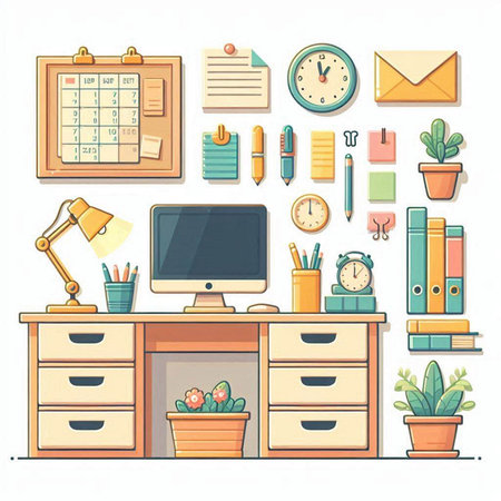 Home office workspace. Workplace with desk, computer, clock, plant, notebook, stationery and other items. Vector illustrationのイラスト素材