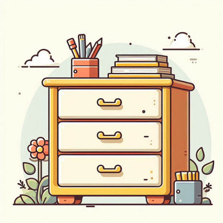 Wooden chest of drawers with books and stationery. Flat vector illustration.のイラスト素材