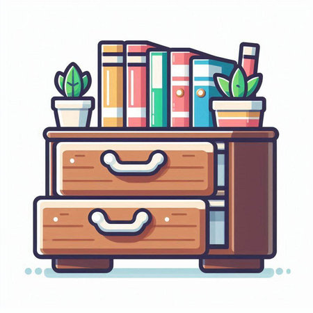Vector illustration of a wooden chest of drawers with books and plantsのイラスト素材