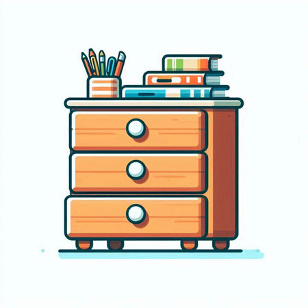 Wooden chest of drawers with books and pencils. Vector illustrationのイラスト素材