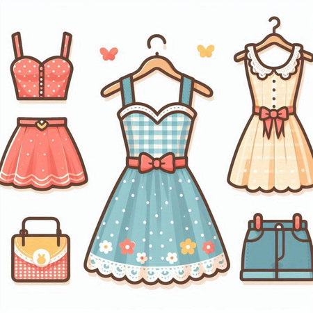 Set of cute clothes on hangers. Vector illustration in cartoon style.のイラスト素材