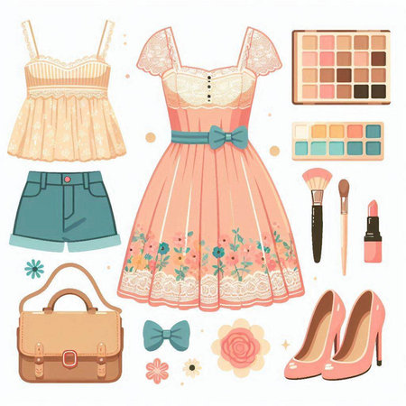 Vector set of female clothes and accessories. Women's clothing and accessories.のイラスト素材