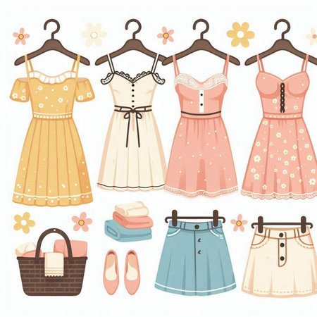 Set of cute clothes and accessories. Vector illustration isolated on white background.のイラスト素材