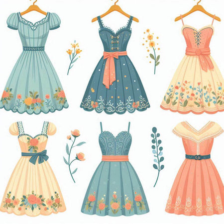 Set of dresses with flowers and leaves on a white background. Vector illustration.のイラスト素材