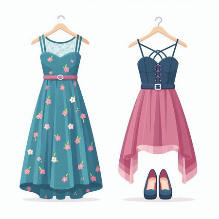 Fashionable women's dresses on a hanger. Vector illustrationのイラスト素材