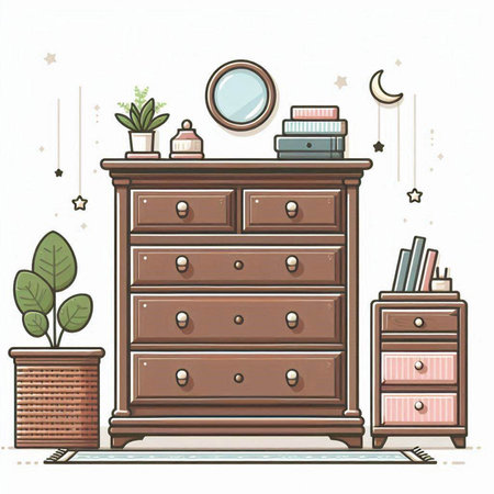 Illustration of a chest of drawers, nightstands, books, lamp and other things.のイラスト素材
