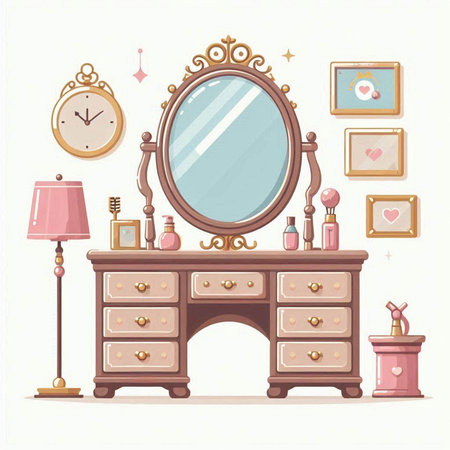 Dressing table with mirror and accessories. Vector illustration in cartoon styleのイラスト素材