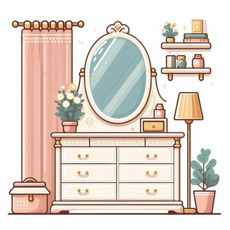 Vector illustration of a dressing room with a mirror and a bedside table.のイラスト素材