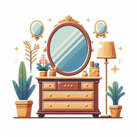 Furniture with mirror and potted plants. Vector illustration.のイラスト素材
