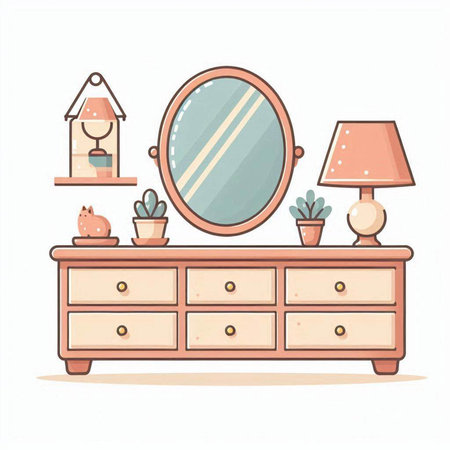 Vector illustration of a dressing table with a mirror, a lamp and a cat.のイラスト素材