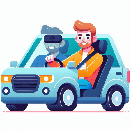Man driving car with virtual reality goggles. Vector illustration in cartoon styleのイラスト素材