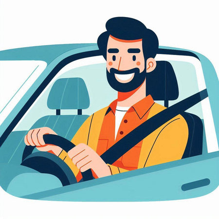 Young man driving a car. Vector illustration in flat cartoon style.のイラスト素材
