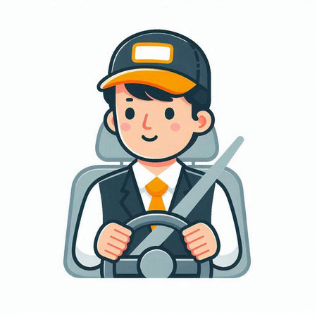 Vector illustration of a driver wearing a cap and holding a steering wheel.のイラスト素材