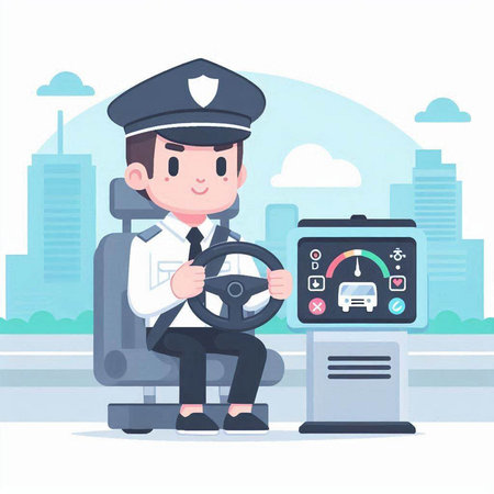 Policeman sitting on the road with steering wheel. Vector illustrationのイラスト素材