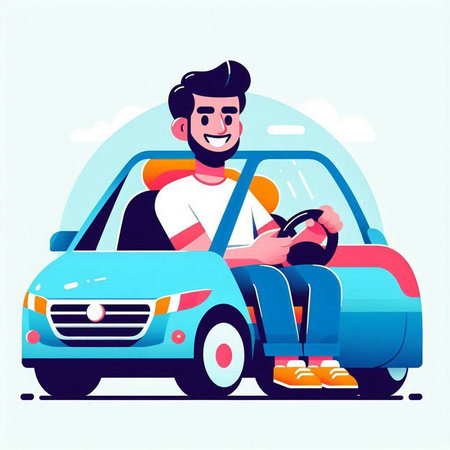 Young man driving a car. Vector illustration in flat cartoon style.のイラスト素材