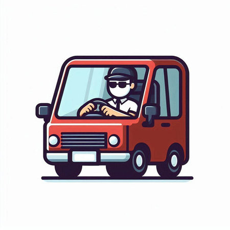 Cartoon driver in a red van. Vector illustration on white background.のイラスト素材