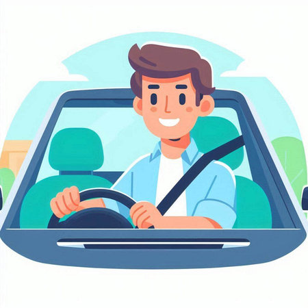 Young man driving a car. Vector illustration in a flat style.のイラスト素材