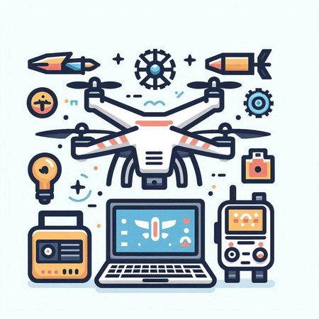 Drone with remote control, remote control, remote control and camera. Modern flat line vector illustration.のイラスト素材