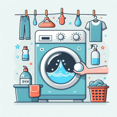 Washing machine with detergents. Laundry concept. Vector illustration.のイラスト素材