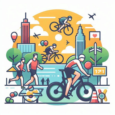 Bicyclists in the city. Flat design vector illustration.のイラスト素材