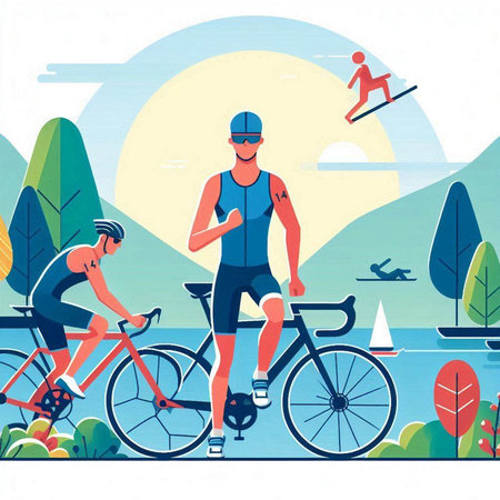 Cyclists in the park. Vector illustration in flat style.のイラスト素材