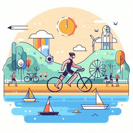Cyclist riding a bike on the river, flat vector illustration.のイラスト素材