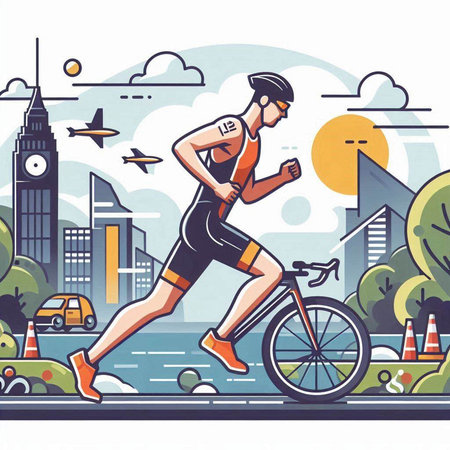 Vector illustration of a cyclist running in the city. Active lifestyle.のイラスト素材