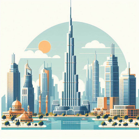 Dubai skyline with skyscrapers, vector illustration in retro styleのイラスト素材